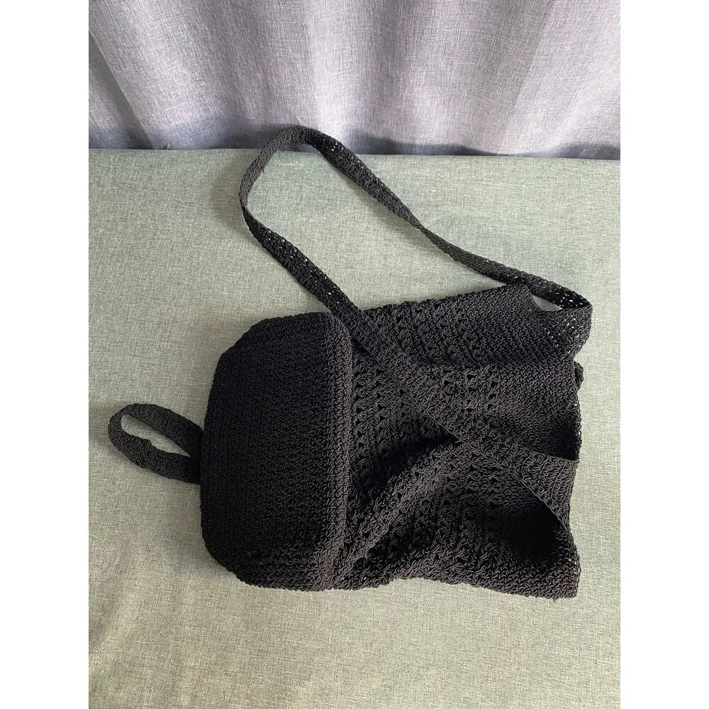 La Rue Black Crocheted Knit Crossbody Bucket Bag Tote Vintage 90s Y2K Boho